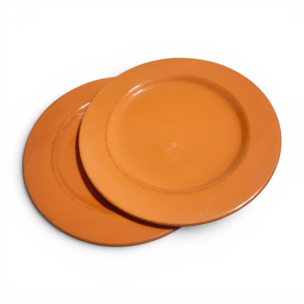 Bizzirri Italy Orange Ceramic‎ Dinner Plates 11 Inch Set of 2 Distressed Rim